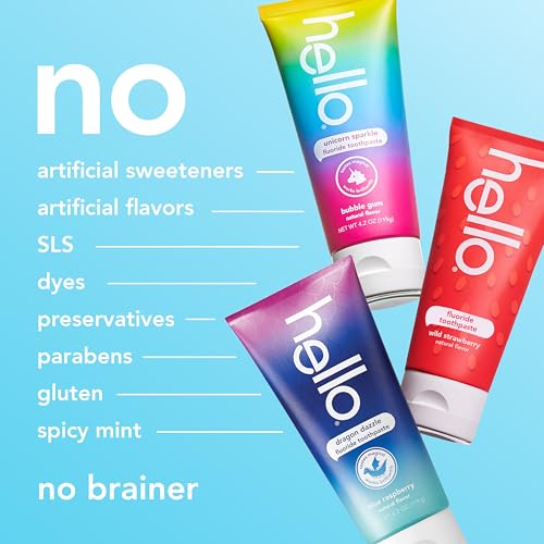 Image of Hello Kids Fluoride Variety Pack, Includes a Strawberry, Unicorn Bubble Gum, and Blue Raspberry Toothpaste, Safe for Ages 2 and Up, 3 Pack, 4.2 Oz Each