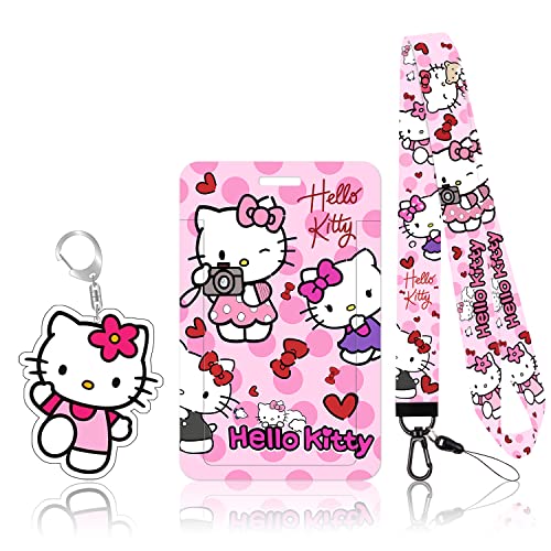 Neck Lanyard with ID Badge Holder for Keys Key Chain Card Cute Kawaii Cartoon Cat Pattern Pink Lanyards for Women Men Guys Girl Boys Kids Teachers The Office Keychains GS335