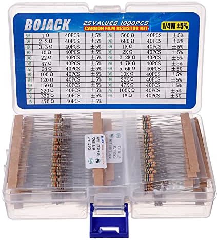 BOJACK 1000 Pcs 25 Values Resistor Kit 1 Ohm-1M Ohm with 5% 1/4W Carbon Film Resistors Assortment