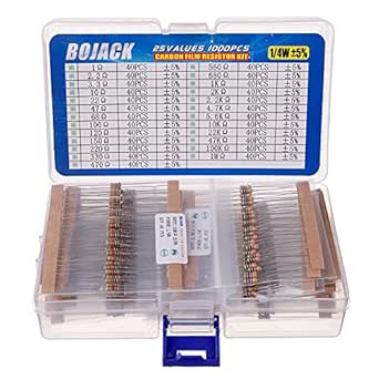 BOJACK 1000 Pcs 25 Values Resistor Kit 1 Ohm-1M Ohm with 5% 1/4W Carbon Film Resistors Assortment