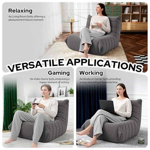 HABUTWAY Bean Bag Chairs Fireside Lazy Floor Sofa, Soft Teddy Fleece Bean Bag Sofa with High-Resilience Foam Filling，Beanbag for Living Room, Bedroom, Office (Dark Grey Teddy) — view 5