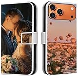CAXKJE Lederhülle für iPhone 17 Pro Max Personalisierte Handy Hülle,mit Eigenem Foto Bild Text Persönliche Schutzhülle,Leder Flip Hülle Schutzhülle Stoßfest Hülle -SAMHD-White