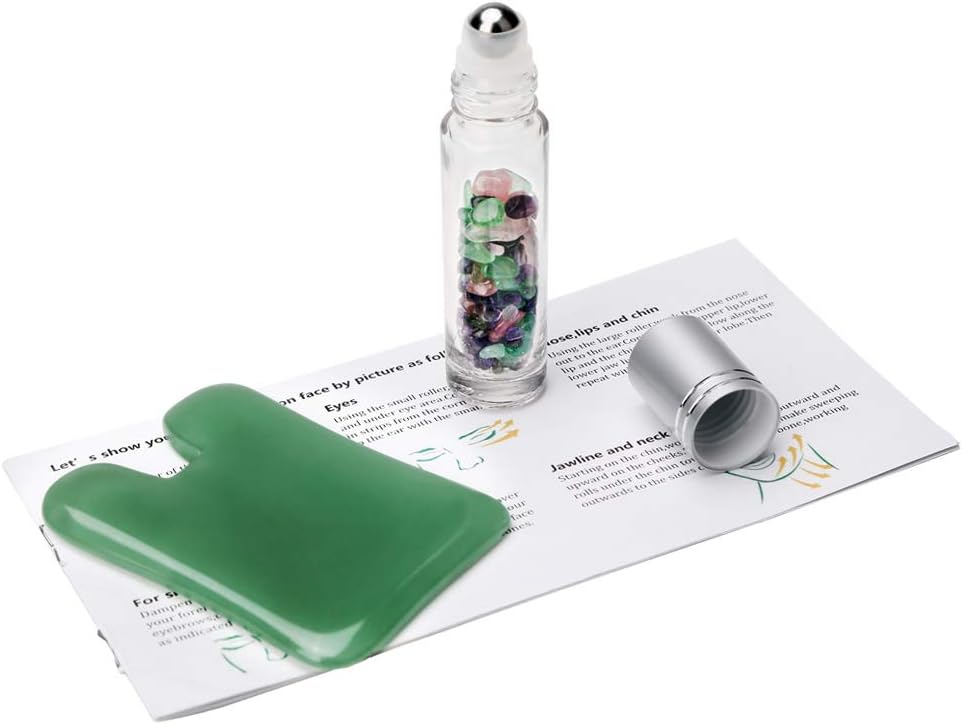 2 in 1 - Real Jade Gua Sha Scraping Massage Tool + 100% Natural Gemstone Essential Oil Roller Bottle,Premium Hand Made Jade GuaSha Board, Anti-Aging,SPA Beauty Trigger Point Therapy on Face (Rabbit)
