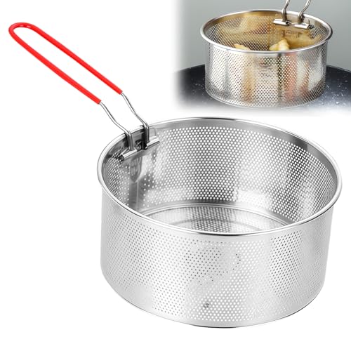 WIYETY Cesta para freír de acero inoxidable para patatas fritas: cesta para freír con mango largo, cesta para freír, cucharón de alambre, espumador para ollas, redondas, cesta colador para cocinas y