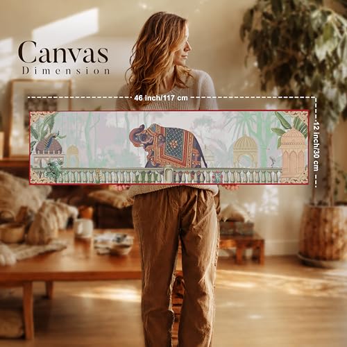 Image of Royal Indian Elephant Vastu Canvas Wall Art Painting For Living Room, Traditional Palace Scene Elephant Painting, Vintage Heritage Panoramic Garden Wall Art For Home & Office, 12x46 Inch