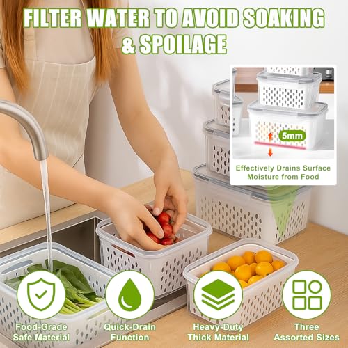 Set of 3 Fruit Storage Containers for Fridge with Removable Colanders, Fresh Food Storage Containers with Lids Airtight, Leakproof Fridge Organizer Bins for Salad Fruit Vegetables Meat Keeper Fresh - Image 4