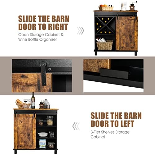 TANGZON Sideboard, Storage Cabinet with Sliding Barn Door & Wine Rack, Buffet Cupboard for Home, Kitchen,Living Room and Entryway (with Wine Rack, Rustic Brown)