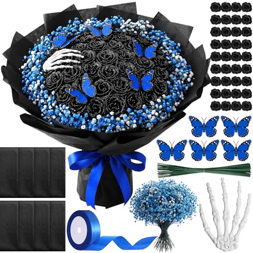 Wavyknot 88 Pcs Halloween Zombie Bride DIY Bouquet Kit Black Rose Flower Bouquet Making Set with 36 Powdered Roses Baby's Breath Butterflies Skeleton Hand Wrapping Paperribbon Gothic Wedding Decor