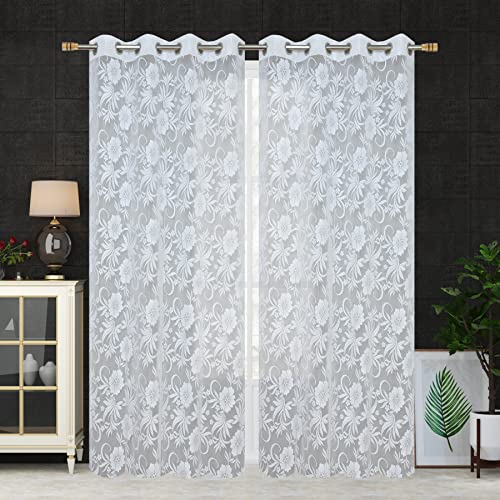 Image of Net Transparent Window Curtain Drapes 5Ft Set of 2 | Sheer Curtain Drapes for Living Room Bedroom Kitchen Balcony | Tissue Light Filtering Panels for Home Office, 4x5 Feet, White Floral