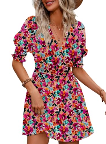 Image of Dokotoo Summer Dresses for Women 2025 Sexy Wrap V Neck Short Puff Sleeve Elegant Floral Smocked Waist Flowy Mini Dress