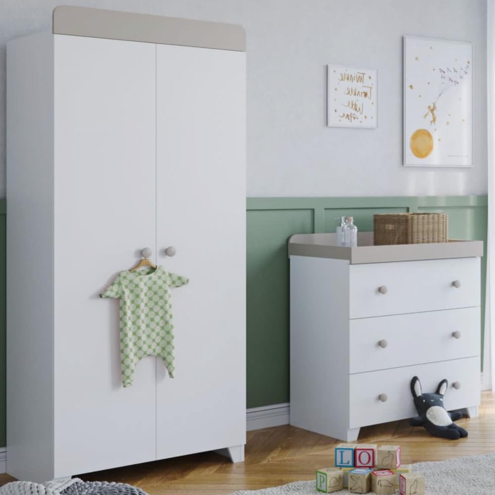Little Acorns Classic 2 Piece Nursery Bedroom Set, Cot Bed and 2 in 1 Dresser Changing Unit Storage Organizer – White and Grey Two Tone