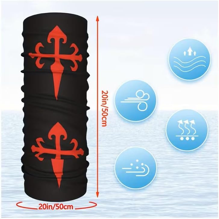 Jakobsweg Cruz de Santiago Multifunctional Scarf Pilgrim Scarf with Santiago Cross, UV Protection and Breathable, Black-Red, 50 x 50 cm