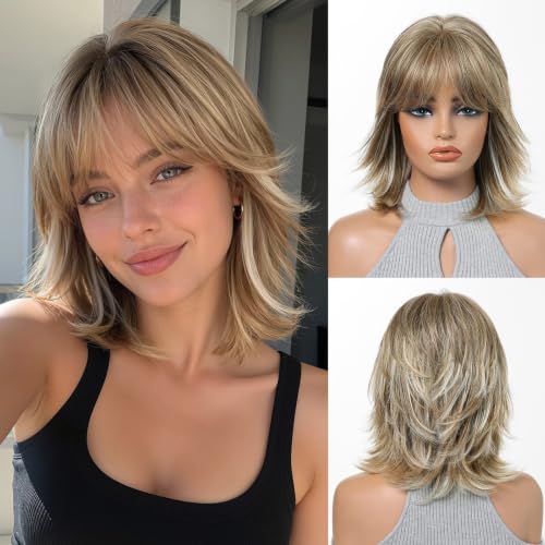 OUFEI Ash Blonde Bob Wigs with Bangs For Women Short Layered Straight Wigs Synthetic Hair Wigs for Daily Party Cosplay Wear