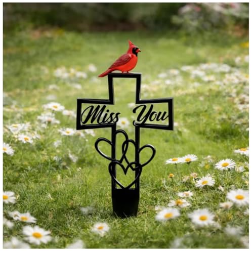 Placa conmemorativa de cementerio de metal para recuerdo, placas conmemorativas de cardenal, letrero de cementerio con diseño de cruz 'Miss You', decoración de cementerios de metal para exteriores