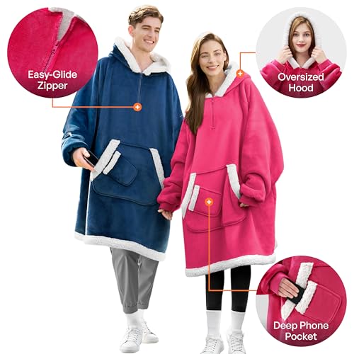 Image of Giggling Getup Wearable Blanket Hoodie for Women Men Gifts for Women Mom Wife Sherpa Fleece Hooded Blanket Sweatshirt Cozy Sherpa Wearable Throw with Pocket & Sleeves for Adult Oversize Bright Pink