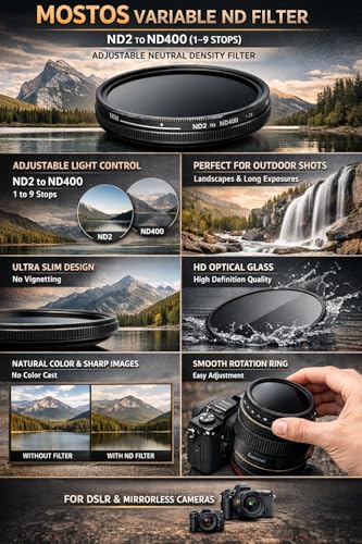 Image of MOSTOS - 40.5mm Variable ND Filter ND2 to ND400 (1-9 Stop) Adjustable Neutral Density Filter for DSLR & Mirrorless Cameras (40.5mm VND Filter) (Make Sure Mark Φ40.5 is Written ON Your Lens)
