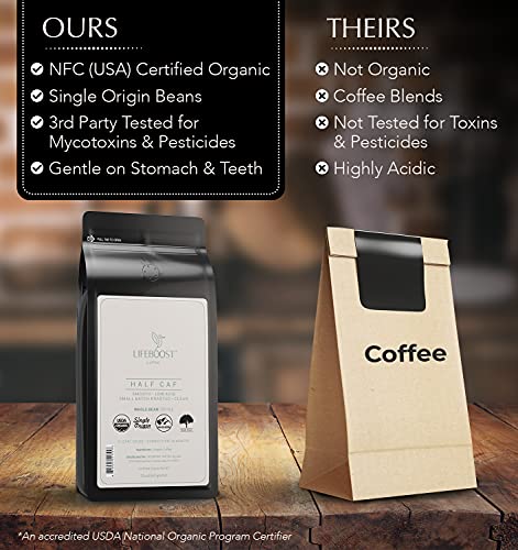 Image of Lifeboost Half Caff Medium Roast Whole Bean Coffee - Low Acid Organic Coffee, Non-GMO, USDA Organic, Single Origin, Third-Party Tested for Mycotoxins & Pesticides - 12 oz Bag