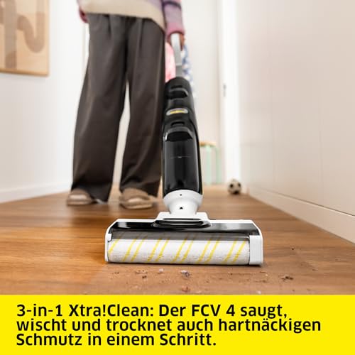 Kärcher Saugwischer FCV 4, kabelloser Saugwischer mit 4 Reinigungsmodi, Akkulaufzeit: ca. 45 min, Flächenleistung pro Akkuladung: ca. 200 m², Weiß/Schwarz