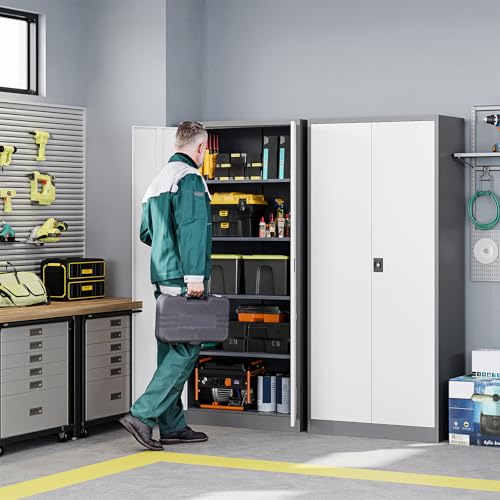 Image of Letaya Metal Garage Storage Cabinets with Lock Door and Adjustable Shelves, Steel Tool Cabinets for Home,Office,Warehouse Organisieren (Gery White, 72 inch H)