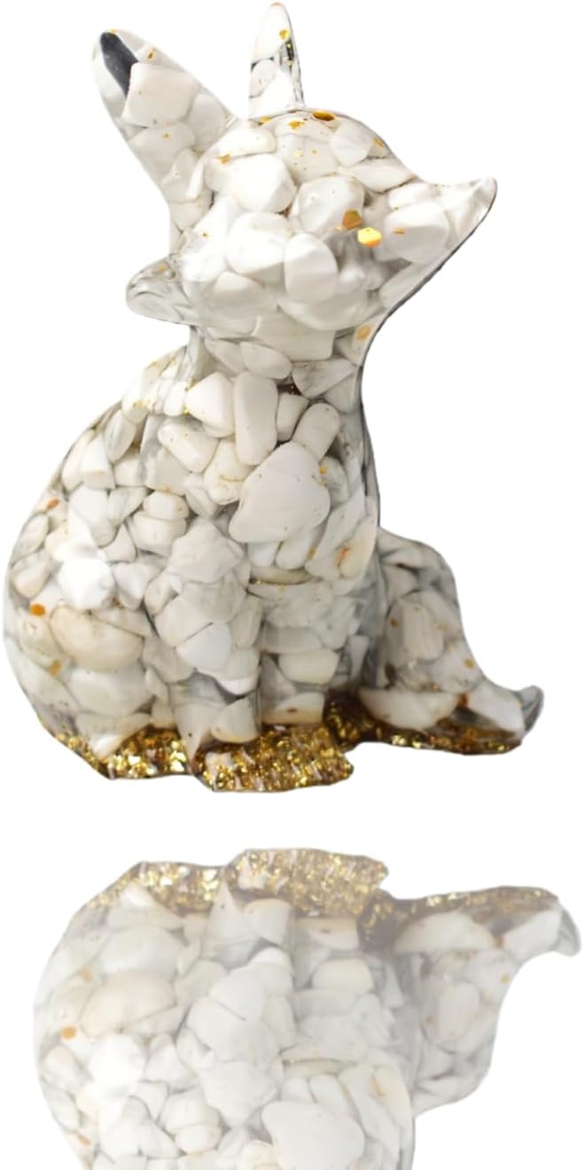 Resin Fox Figurine - Handmade Animal Statue Inlaid with Natural Crystal Stones | Home Decoration, Desktop Ornament, Creative Gift (Howlite Fox)