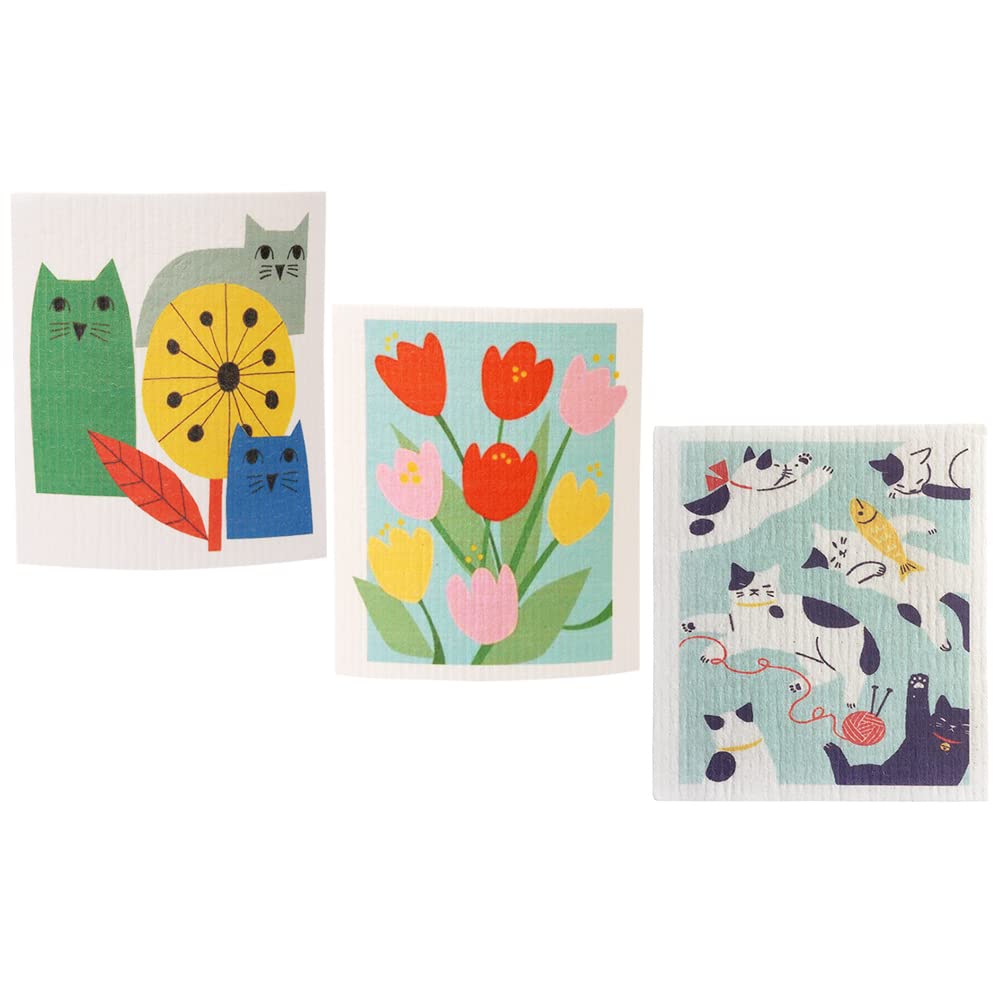 Cat Pattern Swedish Kitchen Dish Towels, Flower Pattern Kitchen Dishcloths, Soft Absorbent Reusable Cleaning Sponge Kitchen Dish Cloths - 3 Pcs