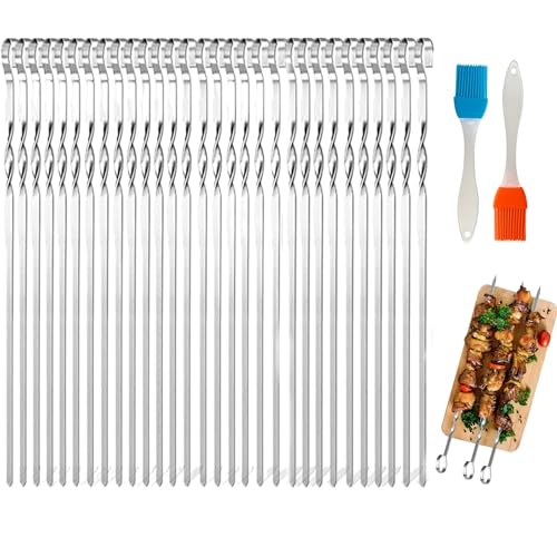 30 brochetas de metal con 2 cepillos para parrilla, pinchos de metal de acero inoxidable, pinchos reutilizables para barbacoa, pinchos planos para barbacoas al aire libre, fiestas familiares,