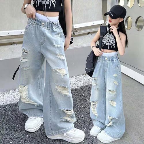 Girls' Barrel Jeans Distressed Ripped Hole High Rise Pull On Jeans Soft Cotton Flared Jeans for Girls 10-123