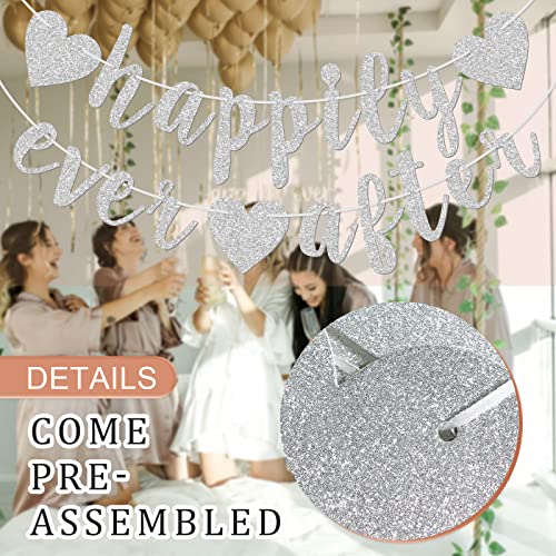 Image of Happily Ever After Silver Glitter Bunting Banner, Engagement, Bridal Shower, Wedding Party Photo Booth Props Signs,Pre-Strung Cursive Bunting