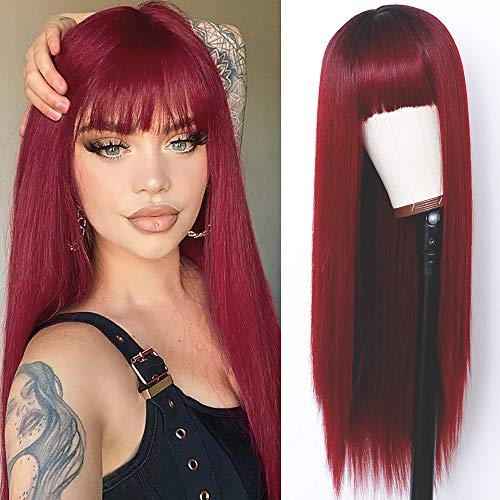 Freyja Hair Long Straight Cosplay Synthetic Wig with Bangs Wine Red Wigs Heat Resistant Hair Wig Machine Made for Women(24Inch, Wine Red)