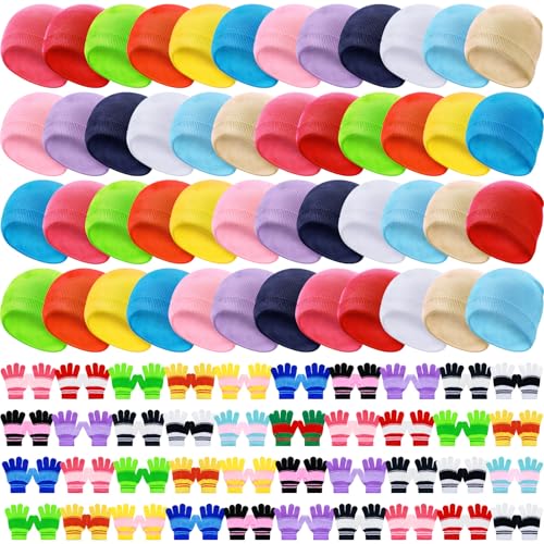 Image of Chuarry 144 Pcs / 72 Sets Kids Winter Hats and Gloves Bulk, Knit Hat Gloves Pack Unisex Cold Weather Cap for Boys Girls Gift(Fresh)