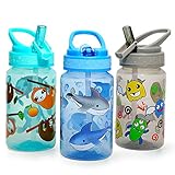 Home Tune 15oz Kids Water Drinking Bottle - BPA Free, Wide Mouth, Flip Straw Sip Lid, Easy Open, Lightweight, Leak-Proof Water Bottle Cute Design for Girls & Boys - 3 Pack Shark & Sloth & Monster