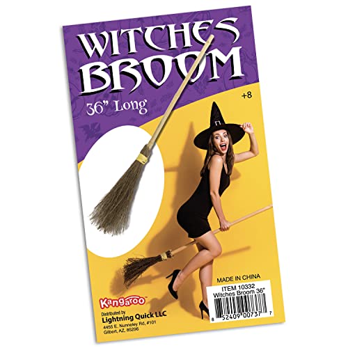 Kangaroo 36\" Bamboo Witch Broom Prop - Wizard Staff Witch Broomstick Magic Broom for Kids, Teens & Adults - Halloween Porch Decor Front Outdoor Fall Decoration - Witches Costume Accessory