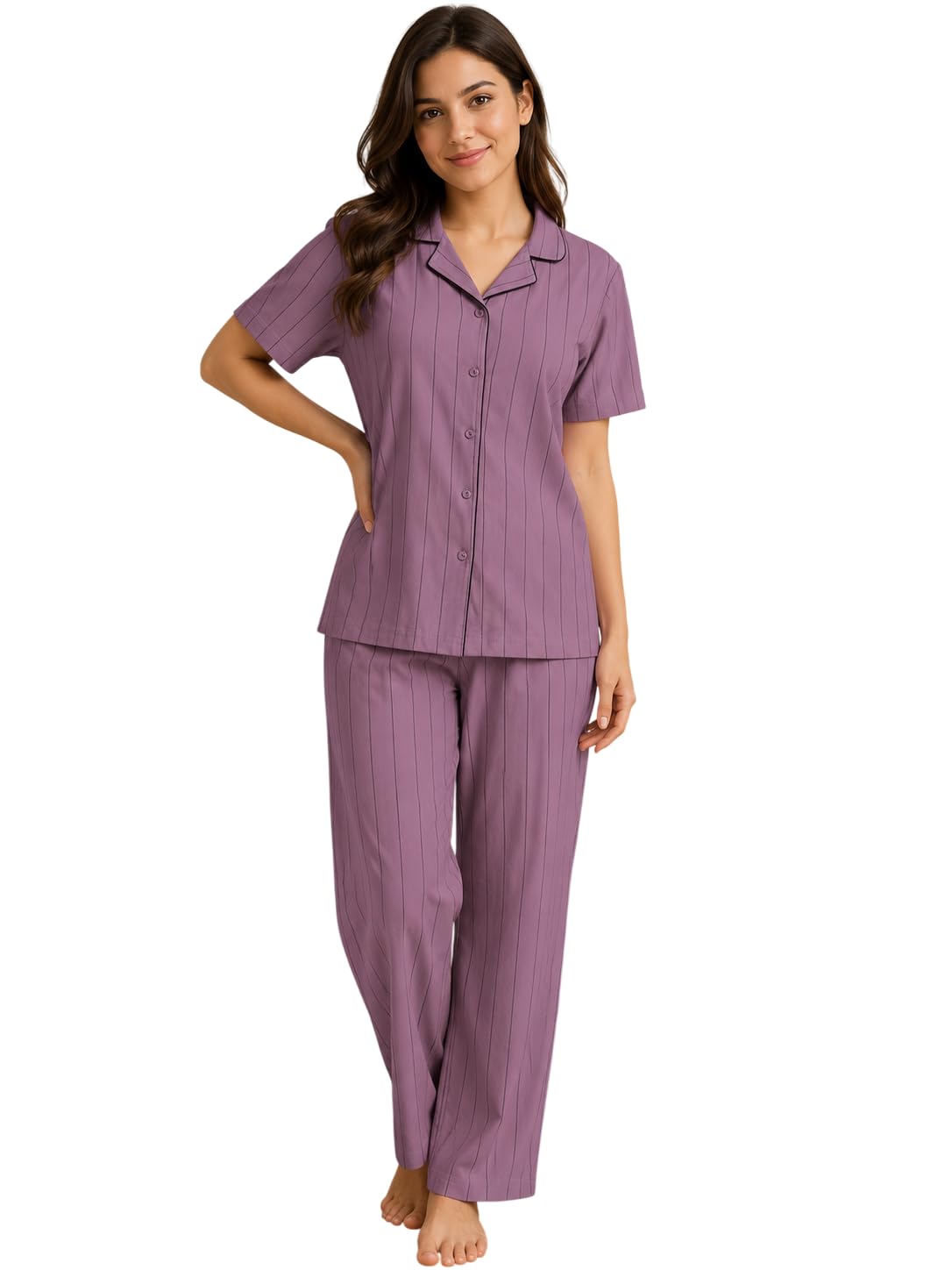 Women Cotton Blend Stripe Print Nightsuit Set | Half Sleeve Button-Down Shirt & Pyjama Set | Soft Comfortable Sleepwear for Women & Girls-image-11