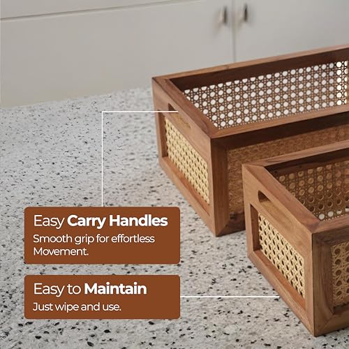 Image of Ikari Homes Duo Weave Rattan Storage Basket with Wooden Frame & Mesh Design | 34x25x15 cm Brown Rattan Organizer Basket for Kitchen, Closet & Shelves | Decorative Multipurpose Storage (Pack of 2)