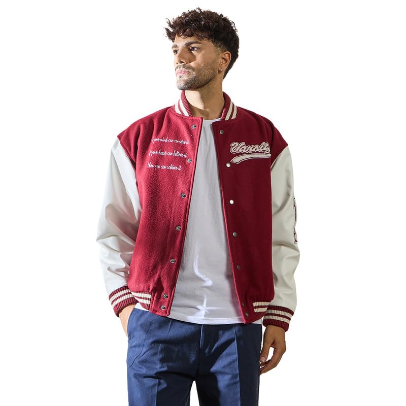 Maroon Statement Woollen Varsity Jacket for Men | PU Leather Sleeves | Embroidered Patchwork Design | Baseball Collar | Snap Button Closure | Side Pockets-image-22
