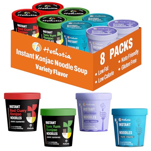 Image of Hethstia Konjac Noodles Cups 8 Variety Pack Shirataki Noodle, 4 Flavors | Pho, Spicy Tom Yum, Red Curry, Laksa, Vegan, Gluten-Free, Low Carb, Keto Friendly, Low Calories, Ready-to-Eat & Holiday Gift