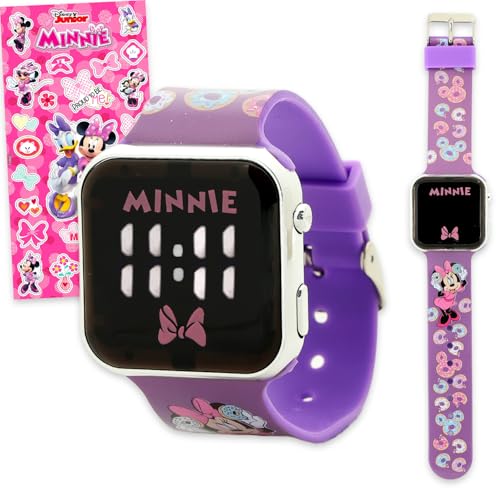 Disney Minnie Mouse Watch for Kids - Bundle LCD Digital Watch for Kids with Cartoon Straps Plus Stickers | Easy to Read Minnie Mouse Wristwatch for Girls