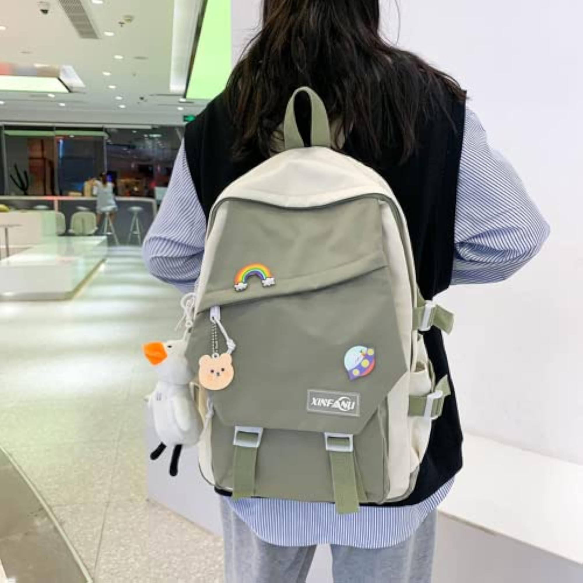 Cute Backpack with Pins and Bear Duck Pendant