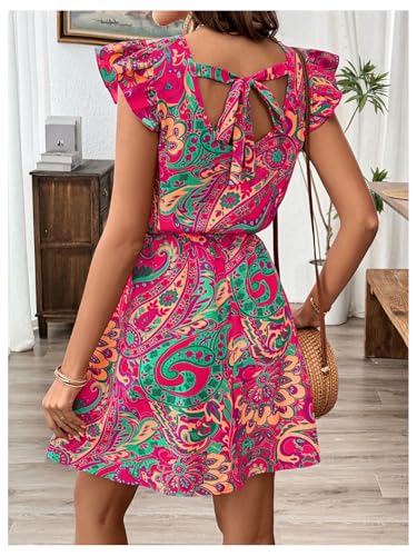 Women's Paisley Floral Ruffle Cap Sleeve Boho Dress Crew Neck Tie Back Vacation Summer Dresses2