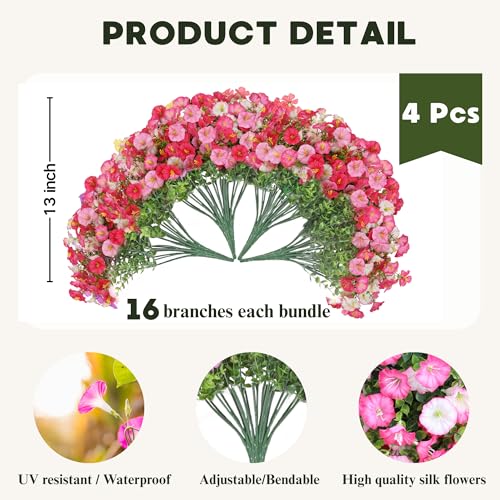 Artificial Flowers for Outdoor, Fake Flowers Faux Plants for Outside Indoor, 4PCS Summer Decor, Morning Glory Petunia UV Resistant, for Garden Porch Window Box Home Planters Farmhouse (Darklightpink) — view 2