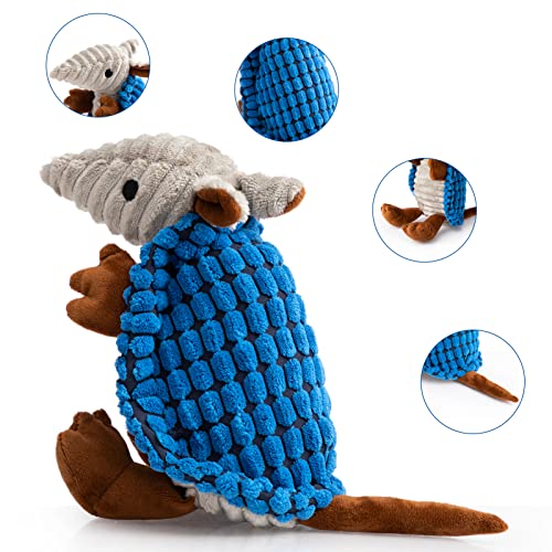 Image of Hollypet Plush Dog Squeaky Toy Stuffed Armadillo Animal Pet Puppy Chew Toys with Clean Teeth for Small Medium Large All Breed Sizes Dogs, Blue, 8 in