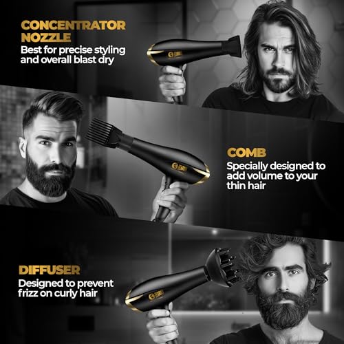 Image of BEARDO Studio Professional Tornado Hair Dryer With 2000 Watts Power|Ac Motor, Concentrator, Diffuser, 2 Speeds, 3 Temperature Settings & Cool Shot Feature|For Professional Drying Experience|Black