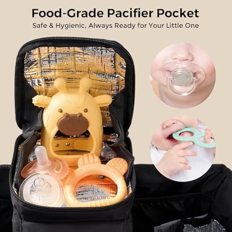 Momcozy Extra Large Stroller Organizer Max | with Food Grade Pacifier Teether Bag | 2 Insulated Cup Holder | Silicone Anti-Slip Straps | 3-Way Usage | Detachable Small Pouch | for UPPAbaby/Doona