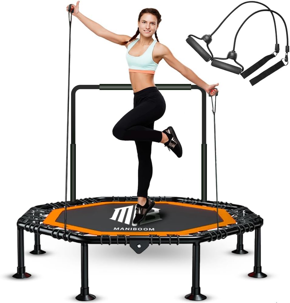 ManiBoom Trampolin Fitness Adultos Ø105cm con 2 Cintas de Resistencia y Agarre Regulable 150kg de Carga - Cama Elastica Jumping Plegable para Interior y Exterior FACIL Montaje