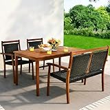 COSTWAY 4 Piece Patio Rattan Dining Furniture Set, Outdoor Acacia Wood Frame...