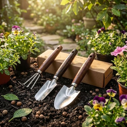 Image of Toddler Gardening Set with Small Shovel, Trowel and Rake | Stainless steel head and walnut wooden handle