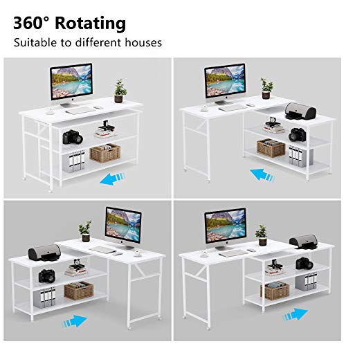 Tribesigns Modern L-Shaped Desk With Storage Shelves, 360°Rotating Desk Corner Computer Desk Study Writing Table Workstation With Open Shelves For Home Office, High Glossy Finish (White) #TOP4