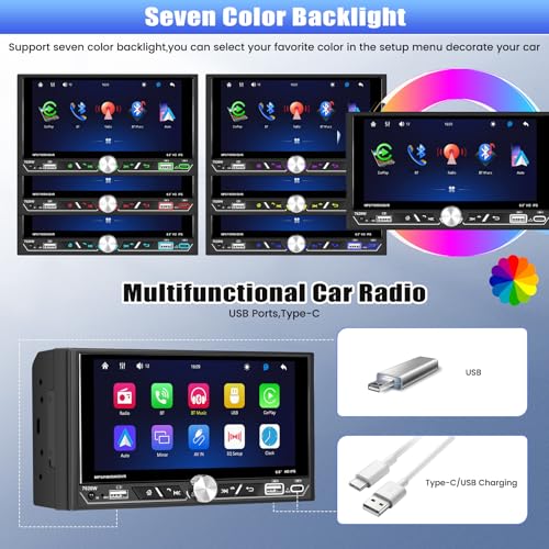 SIXTOP Double DIN Car Radio with Wireless Carplay Android Car, 6.8 Inch Touchscreen Display 2 DIN Radio with Mirrorlink Bluetooth FM/AM/RDS EQ Navi SWC AUX USB + Reversing Camera - Image 5
