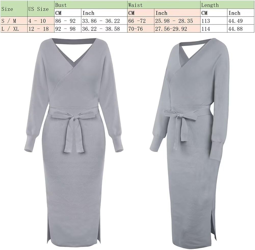 Fall Wedding Guest Dresses for Women Batwing Open Back Dress for Women Wrap Knit Sweater Maxi Dress with Belt Gray - Image 3