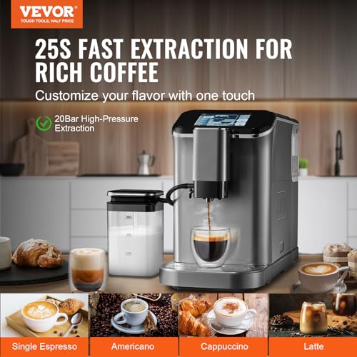 Image of VEVOR Automatic Espresso Machine, Espresso Maker with Automatic Milk Frother, Cappuccino Latte Machine 20 Bar with TFT Touch Screen, Grinder, 15 Grind Levels, Home Office